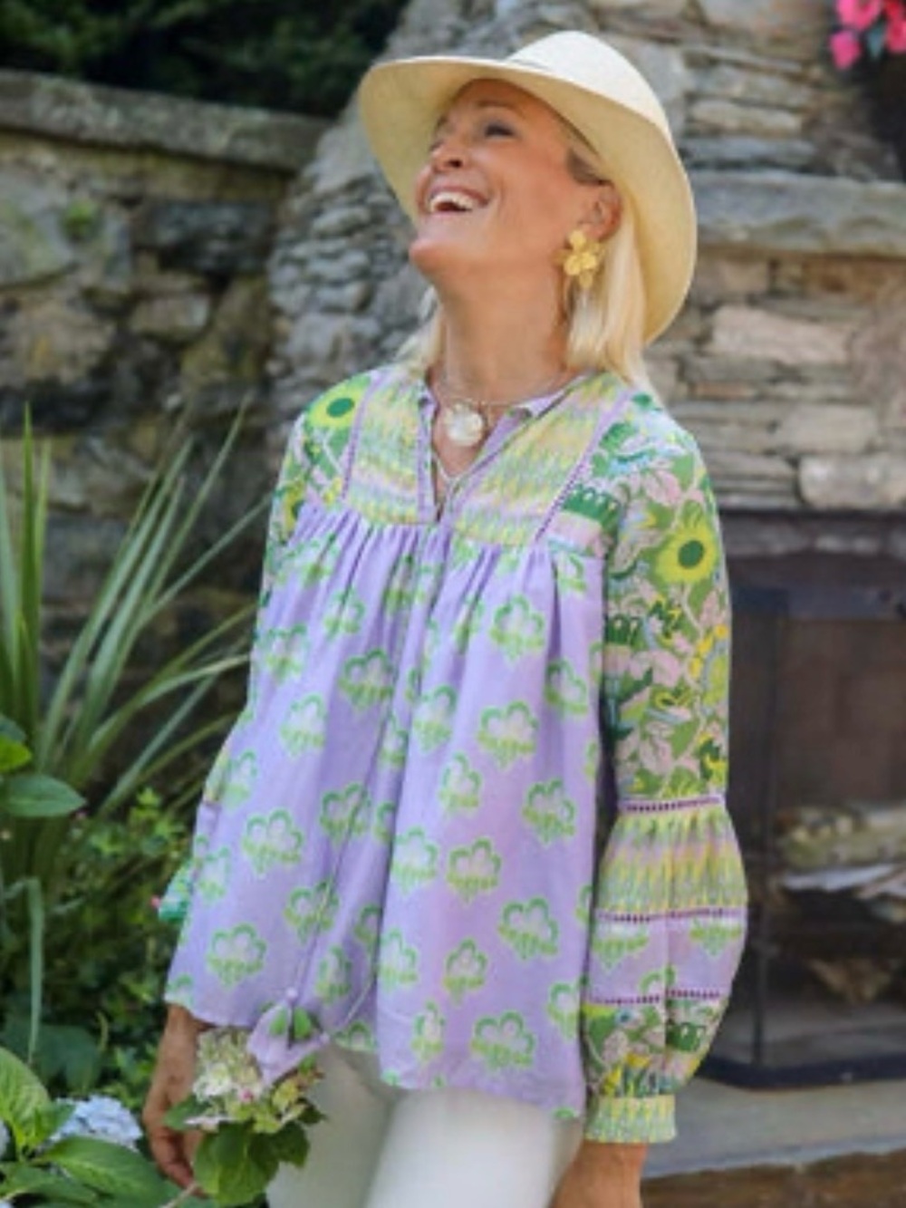 Lavender Green Printed Peasant Blouse - Women